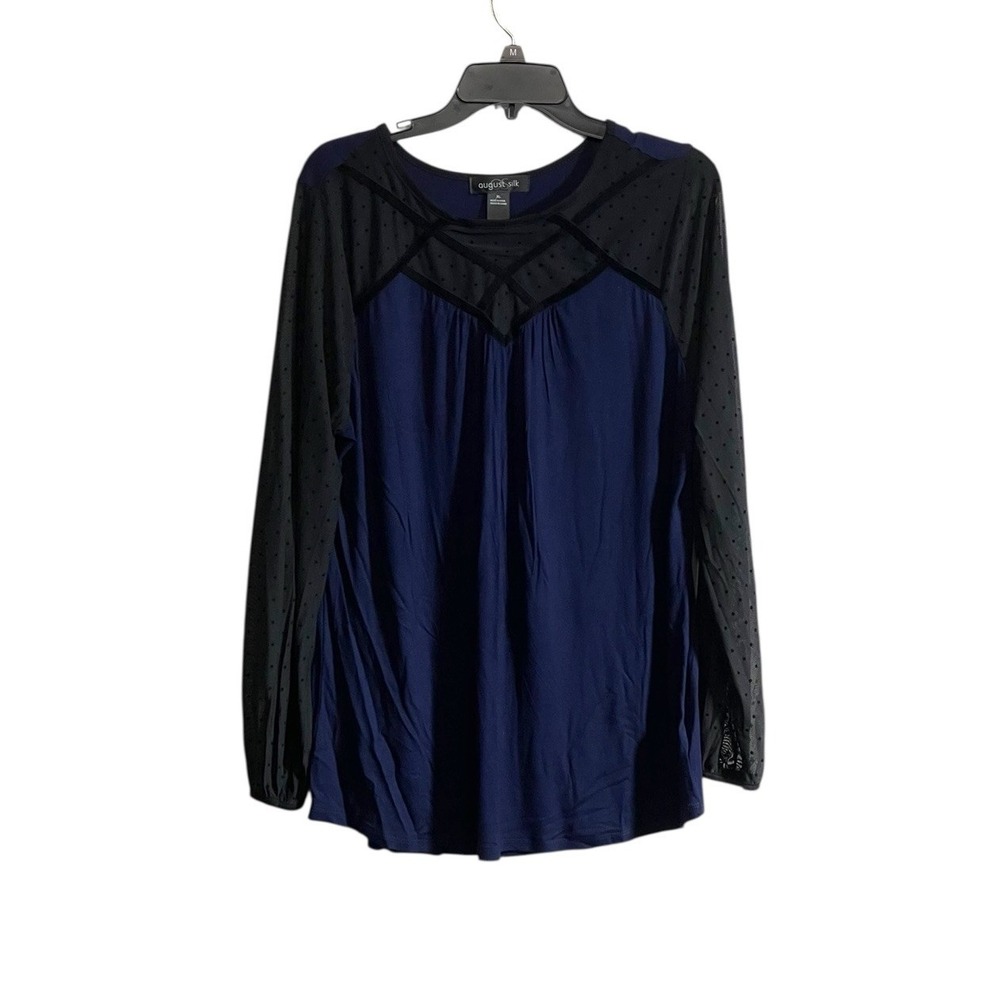 August Silk Womens XL Blouse Black Blue Sheer Mesh Polka Dot Velvet Whimsigoth
